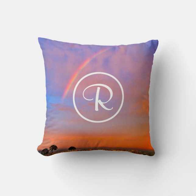 Monogram Orange Blue Sunset Rainbow Photo Modern Cushion (Front)