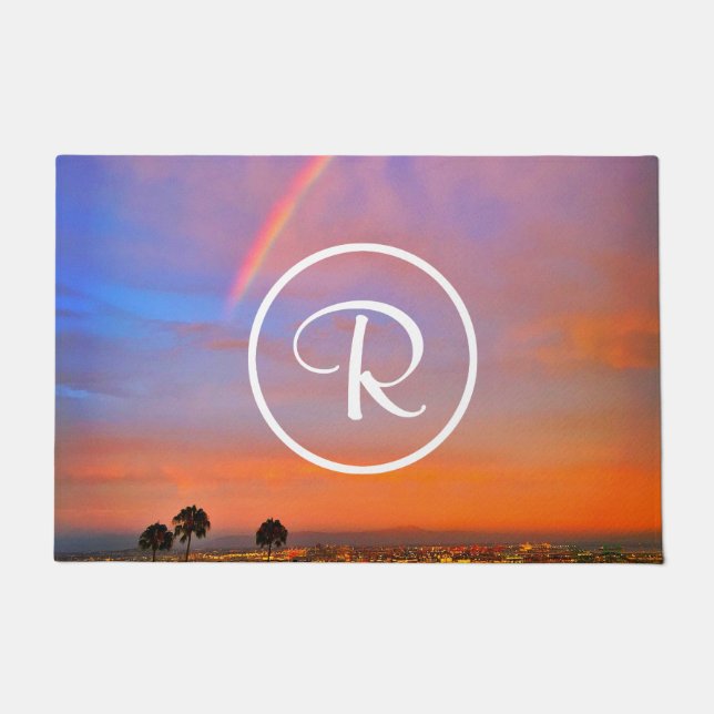 Monogram Orange Blue Sunset Rainbow Photo Modern Doormat (Front)