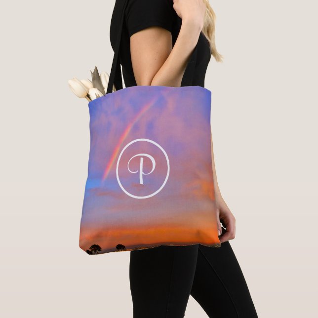 Monogram Orange Blue Sunset Rainbow Photo Modern Tote Bag (Close Up)