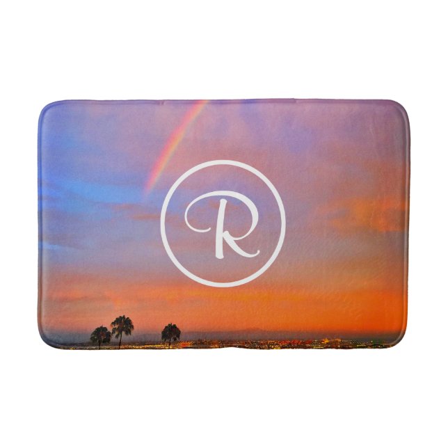Monogram Orange Blue Sunset Rainbow Photography Bath Mat (Front)
