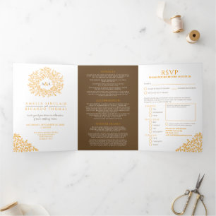 Monogram orange brown leaf fall wedding all-in-one Tri-Fold invitation