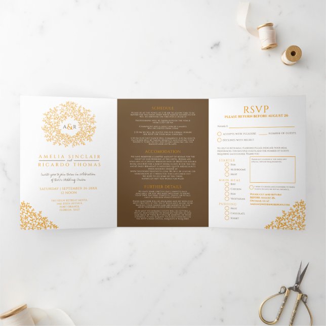 Monogram orange brown leaf fall wedding all-in-one Tri-Fold invitation (Inside)