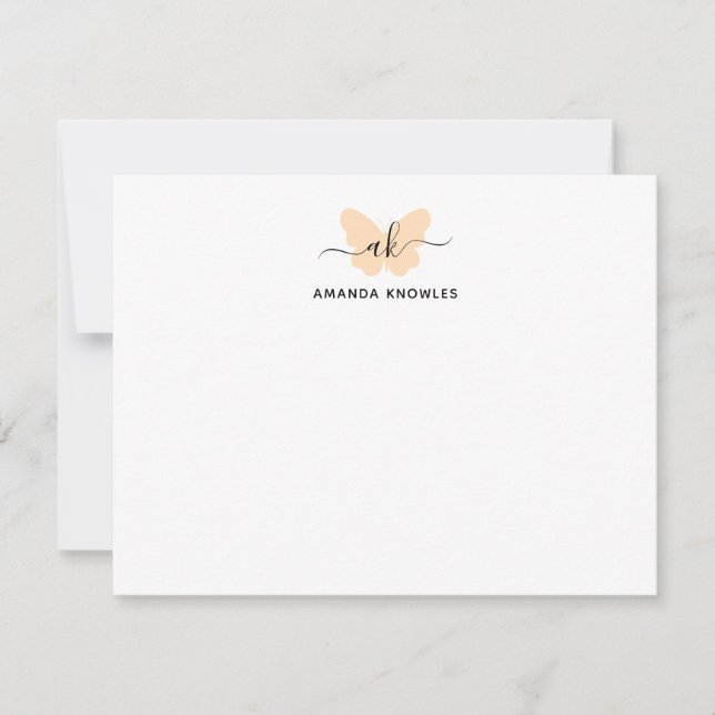 Monogram Orange Butterfly Minimalist Girly Script Card (Front)