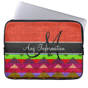 Monogram Orange Chevron Zigzag Burlap Jute Laptop Sleeve