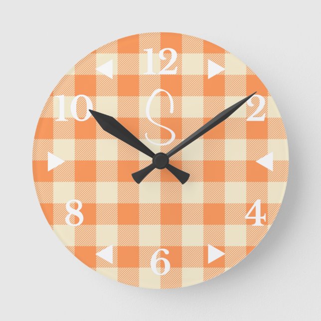 Monogram Orange Cream Plaid Farmhouse Round Clock (Front)