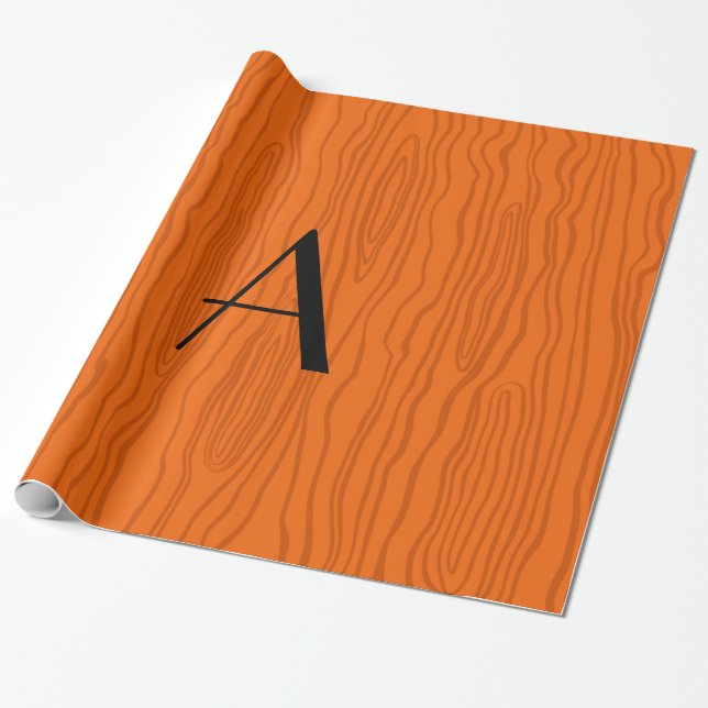 Monogram orange faux bois wrapping paper (Unrolled)