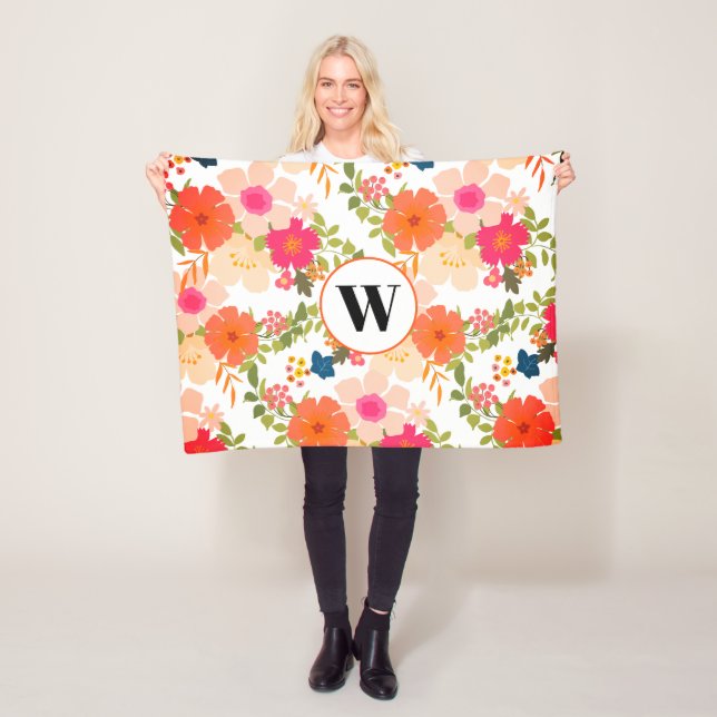 Monogram Orange Floral Botanical Fleece Blanket (In Situ)