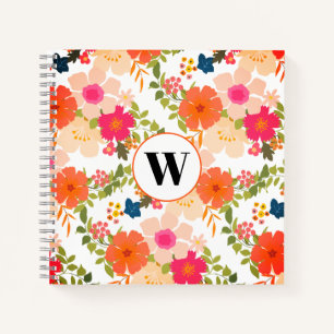 Monogram Orange Floral Pattern Spiral Notebook