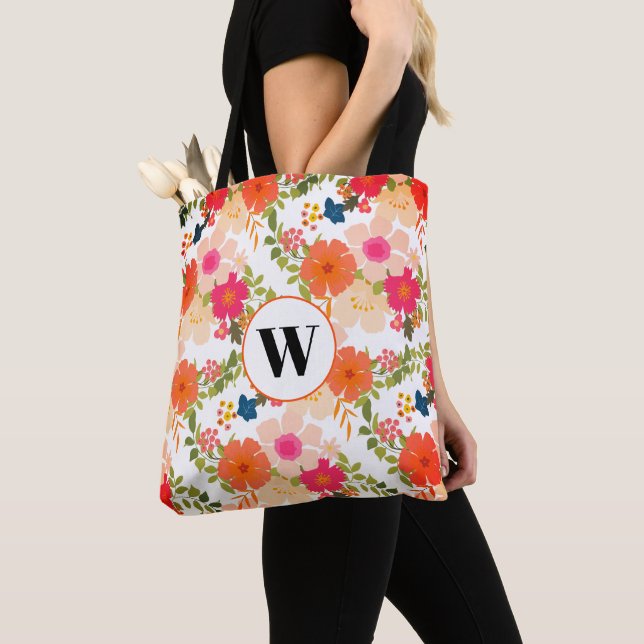 Monogram Orange Floral Pattern Tote Bag (Close Up)