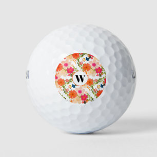 Monogram Orange Floral Watercolor  Golf Balls