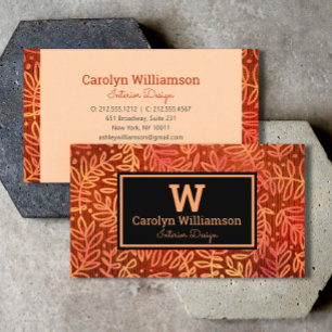 Monogram orange gold foliage leaves pattern modern business card