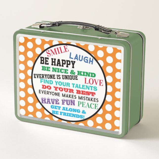 Monogram Orange Green Polka Dots Motivational Metal Lunch Box (Back)