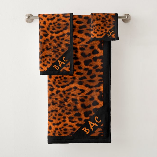 Monogram Orange Leopard Print Bath Towel Set (Insitu)