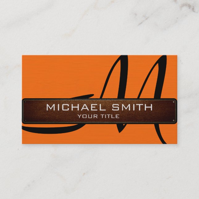 Monogram Orange Modern Leather Look Business Card (Front)
