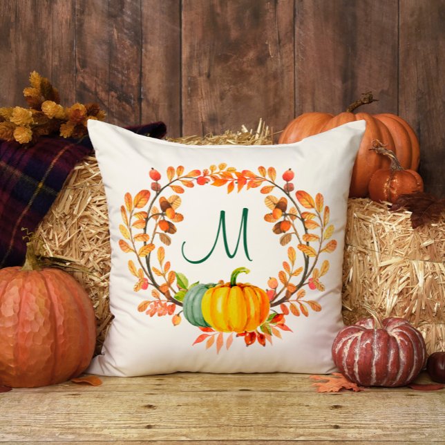 Monogram Orange Plaid Tartan Fall Pumpkin Floral Cushion (Creator Uploaded)