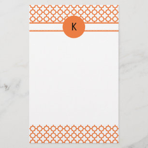 Monogram Orange Quatrefoil Pattern Stationery