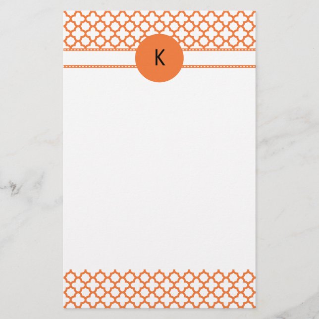 Monogram Orange Quatrefoil Pattern Stationery (Front)