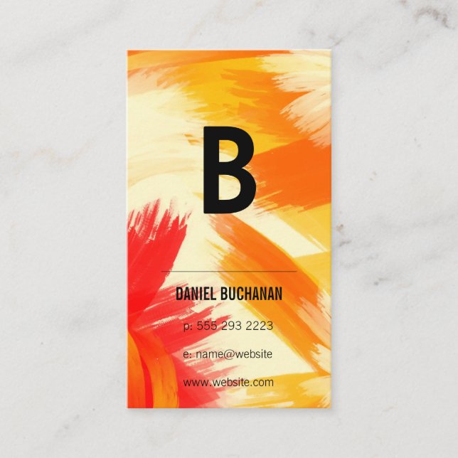 Monogram | Orange Red Brush Strokes Business Card (Front)