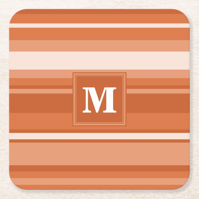 Monogram orange stripes square paper coaster (Front)