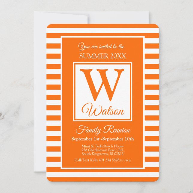 Monogram Orange Stripes Summer Family Reunion Invitation (Front)