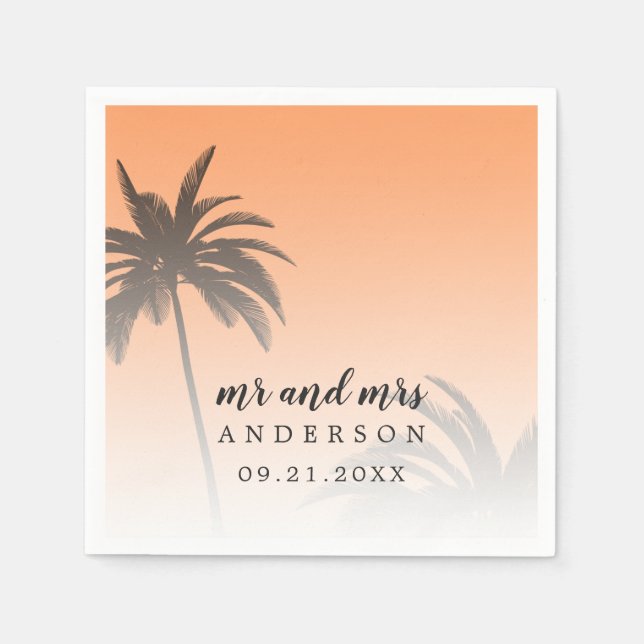 Monogram Orange Tropical Palm Tree Beach Wedding Napkin (Front)