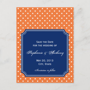 Monogram Orange, White Polka Dot with Royal Blue Announcement Postcard
