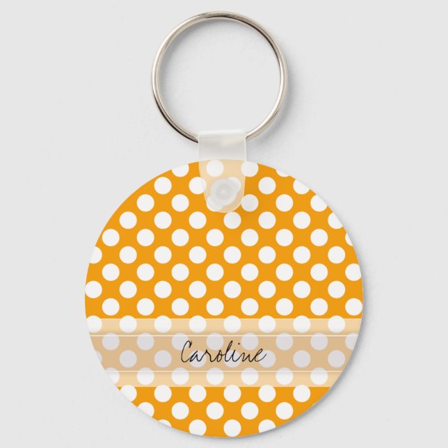 Monogram Orange White Trendy Fun Polka Dot Pattern Key Ring (Front)