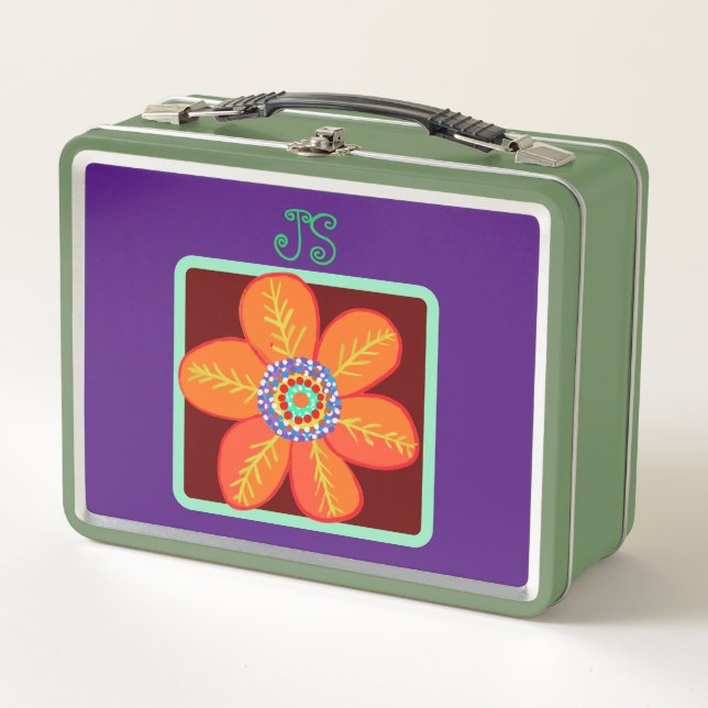 Monogram Orange Yellow Flowers Metal Lunch Box (Front)