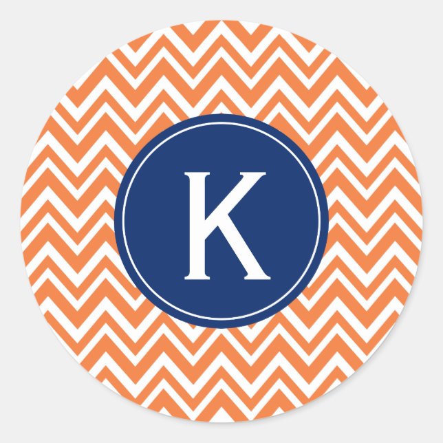 Monogram Orange Zigzag Pattern Classic Round Sticker (Front)