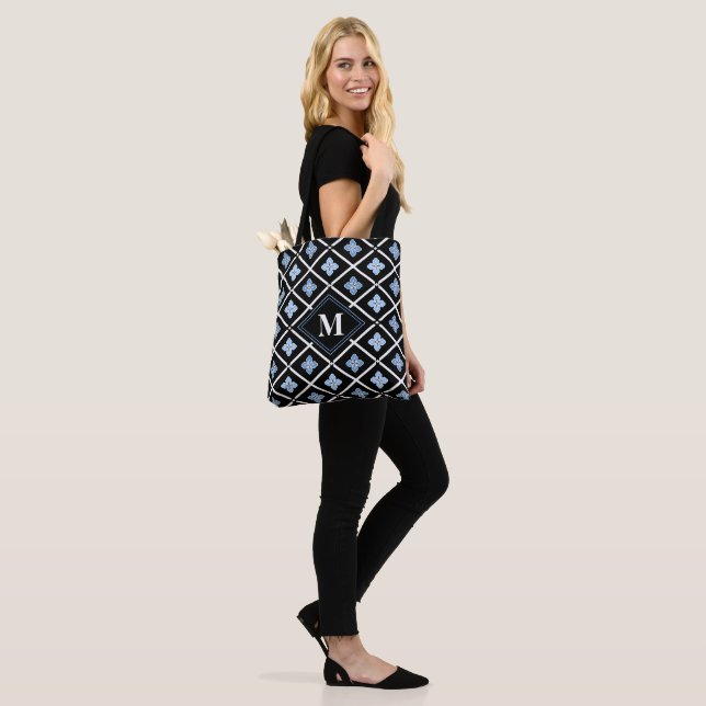 Monogram Oriental Blue Sakura Pattern Tote Bag (On Model)