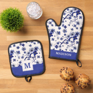 Monogram Oriental Sakura Branch Pattern Oven Mitt & Pot Holder Set