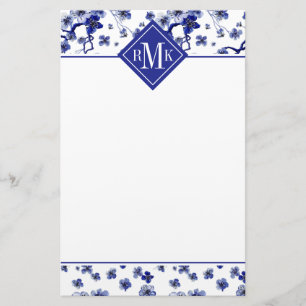 Monogram Oriental Sakura Branch Pattern Stationery