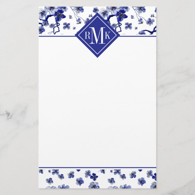 Monogram | Oriental Sakura Branch Pattern Stationery (Front)