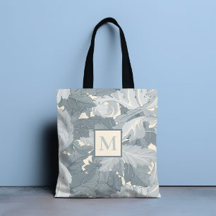 Monogram Ornamental Retro Grey Floral Leaves Tote Bag
