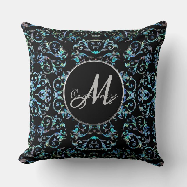 Monogram Ornate Blue Pearl Floral Throw Pillow (Front)