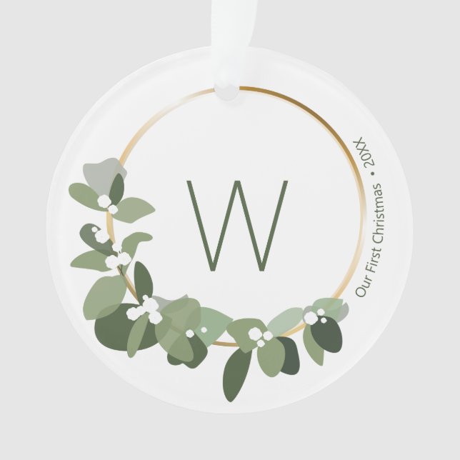 Monogram Our First Christmas Wreath Wedding Photo Ornament (Front)