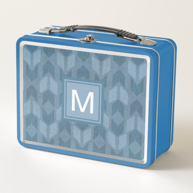 Monogram | Outdoor Geo Step | Blue Arrow Pattern Metal Lunch Box (Front)
