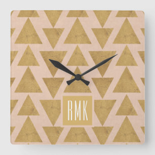 Monogram   Outdoor Geo Step   Gold & Coral Geometr Square Wall Clock