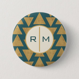 Monogram Outdoor Geo Step Gold & Dark Teal Pat 6 Cm Round Badge