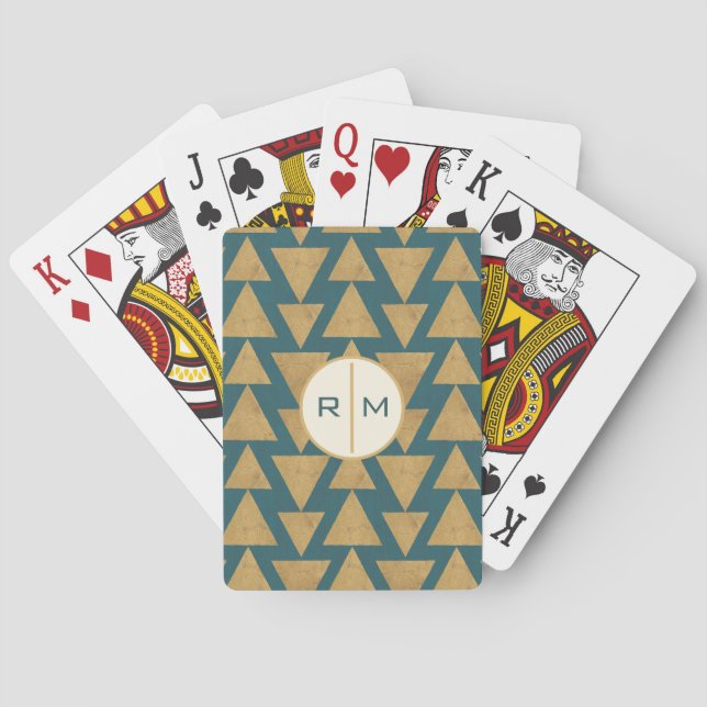Monogram | Outdoor Geo Step | Gold & Dark Teal Pat Playing Cards (Back)