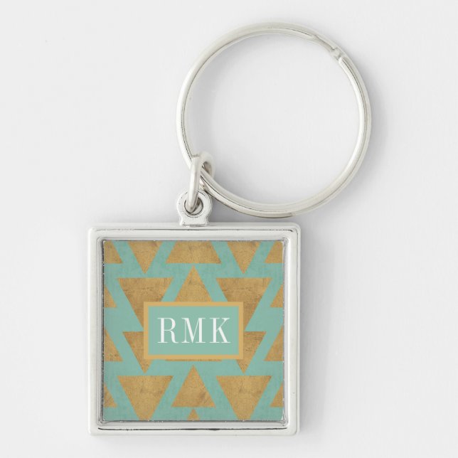 Monogram | Outdoor Geo Step | Gold & Teal Pattern Key Ring (Front)