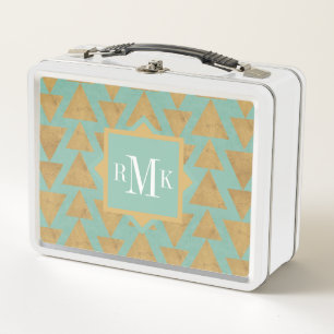 Monogram   Outdoor Geo Step   Gold & Teal Pattern Metal Lunch Box