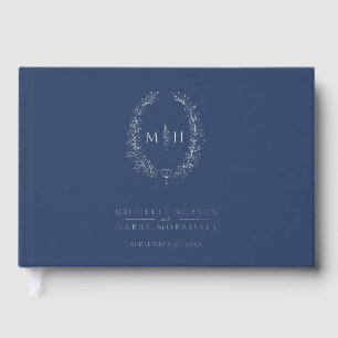 Monogram oval leaves blue silver wedding guest book