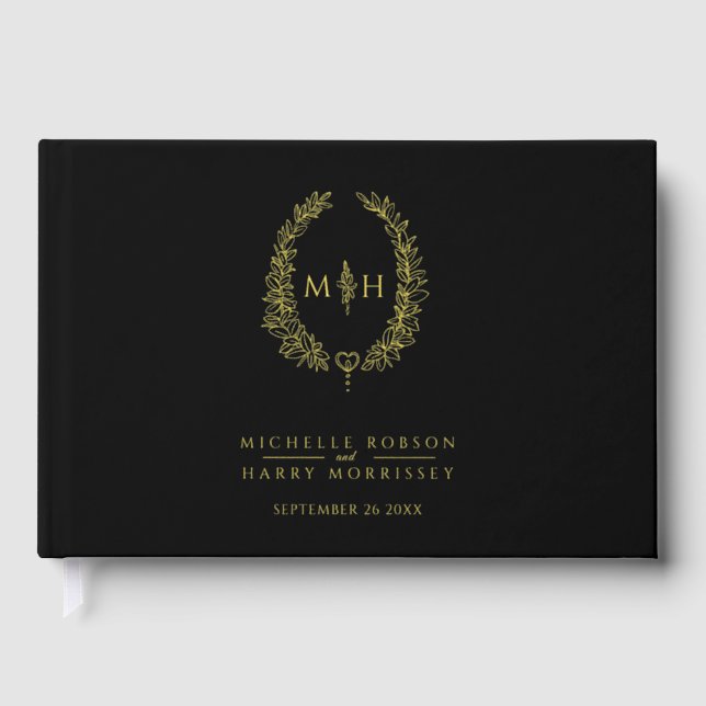 Monogram oval leaves gold black wedding  guest book (Front)