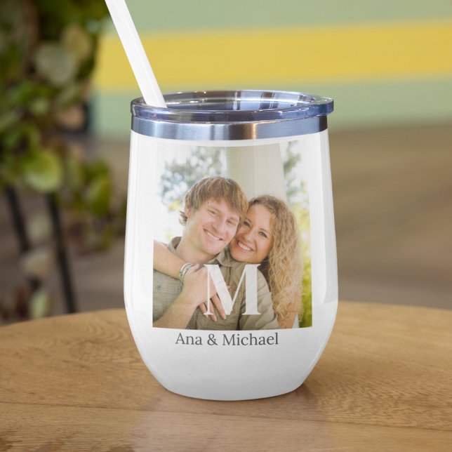 Monogram Overlay Luxe (“Modern wine tumbler with bold serif monogram overlay and luxe photo backdrop for elevated style.”)