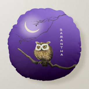 Monogram Owl Night Moon Dark Blue Throw Pillow