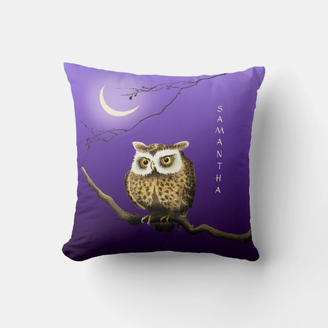 Monogram Owl Night Moonlight Blue Throw Pillow (Front)