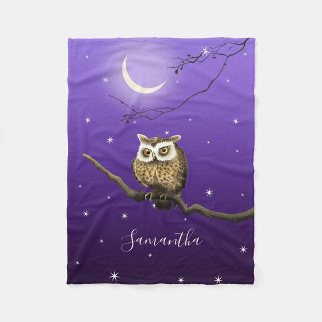 Monogram Owl Night Moonlight Deep Blue Blanket (Front)