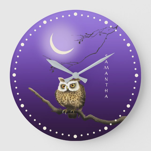 Monogram Owl Night Moonlight Deep Blue Wall Clock (Front)