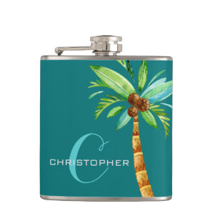 Monogram Own Name Elegant Teal Palm Groomsmen Hip Flask